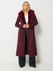 Long Tall Sally Red Faux Fur Collar Midi Coat - Image 2 of 7