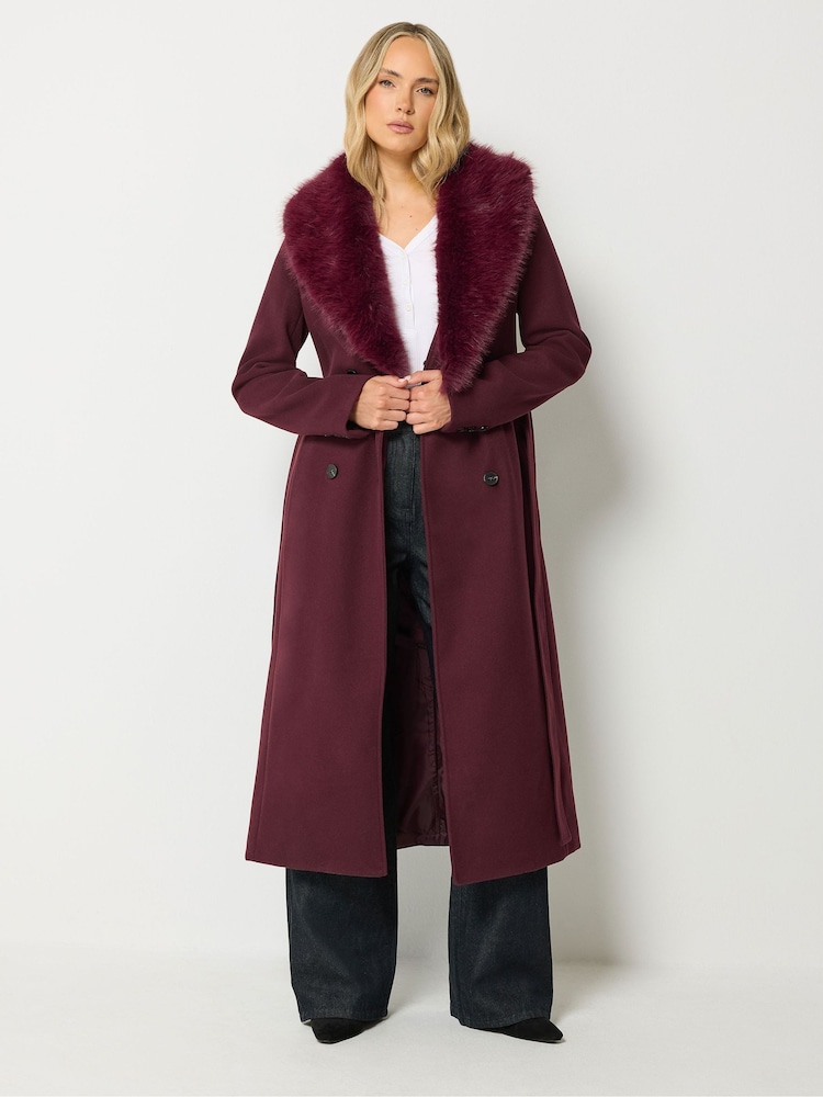 Long Tall Sally Red Faux Fur Collar Midi Coat - Image 2 of 7 Long Tall Sally Red Faux Fur Collar Midi Coat - Image 2 of 7