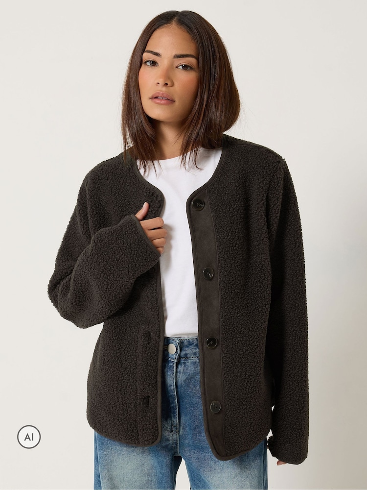 PixieGirl Petite Brown Borg Jacket - Image 1 of 6 PixieGirl Petite Brown Borg Jacket - Image 1 of 6