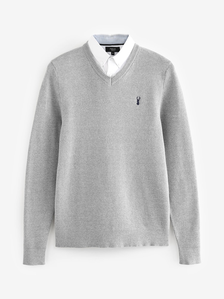 Grey Oxford V-Neck Regular Mock Shirt Jumper - Image 5 of 7