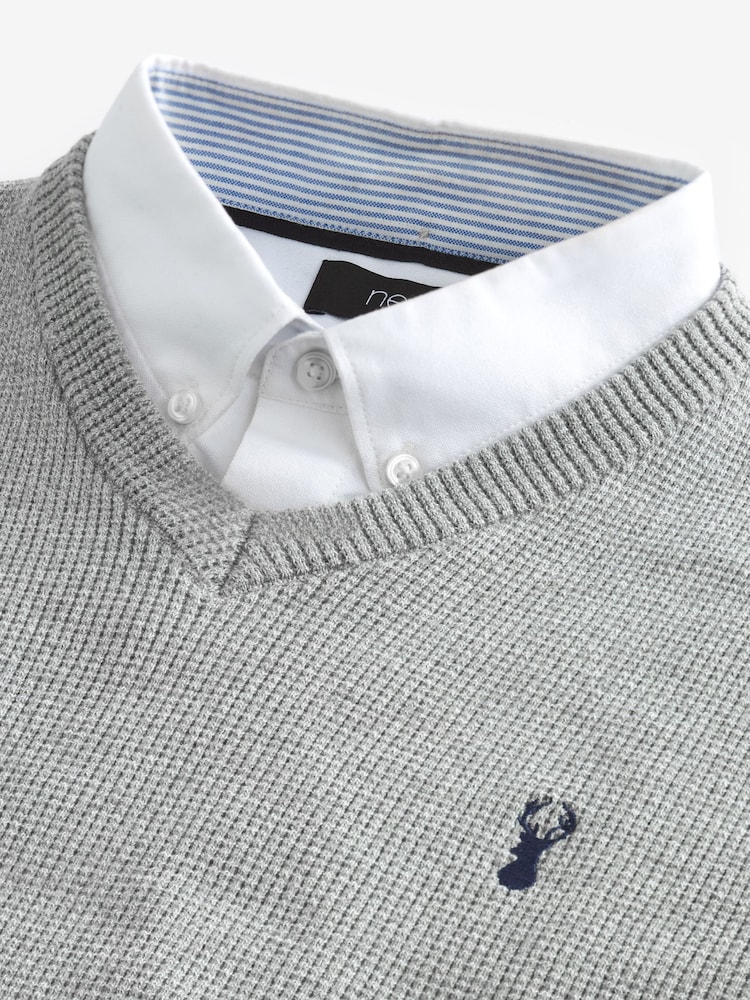 Grey Oxford V-Neck Regular Mock Shirt Jumper - Image 6 of 7