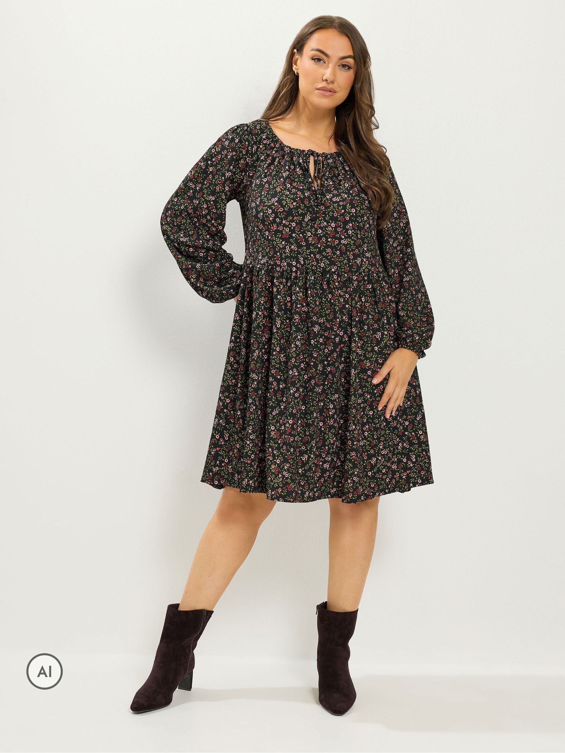 Yours Women's Black Ditsy Tie Neck Midi Dress In Size 30-32 - Image 2