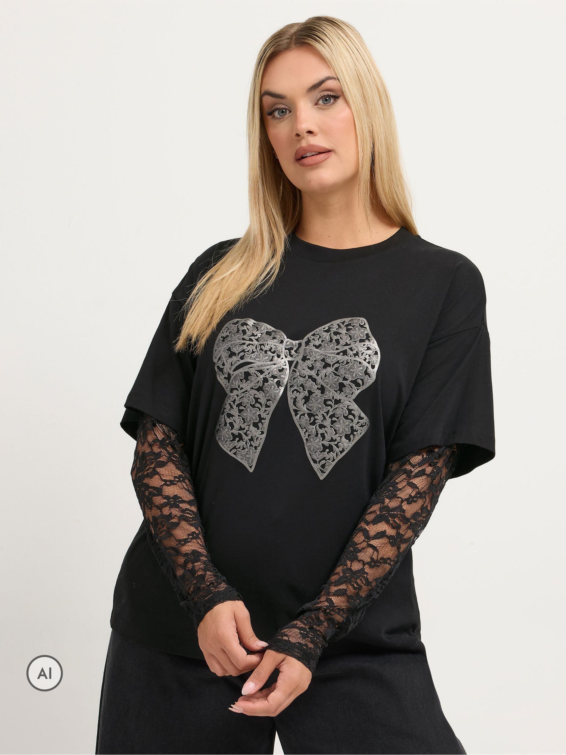 Yours Women's Black Bow Print Lace T-Shirt In | Size: 20 - Image 6