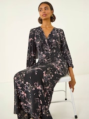 Roman Black Floral Print Stretch Midi Dress - Image 1 of 4