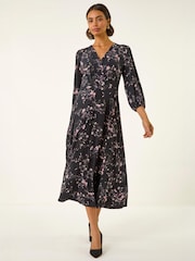 Roman Black Floral Print Stretch Midi Dress - Image 2 of 4