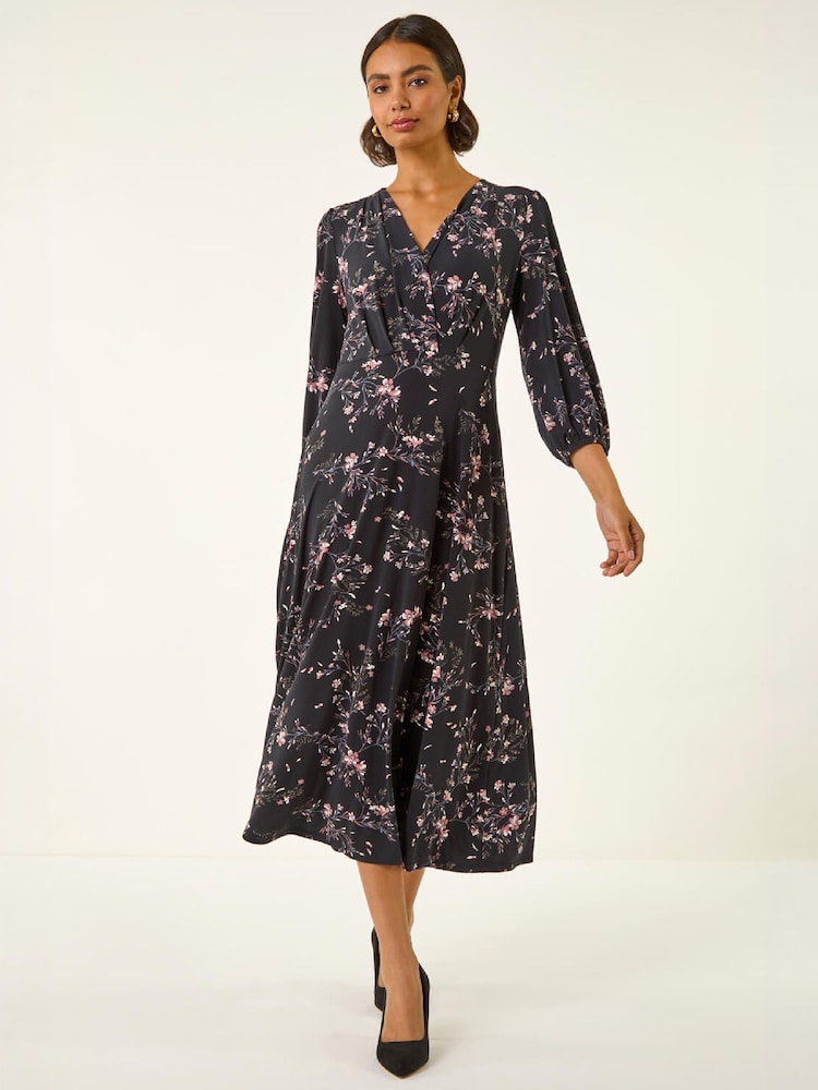 Roman Black Floral Print Stretch Midi Dress - Image 2 of 4