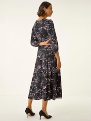 Roman Black Floral Print Stretch Midi Dress - Image 3 of 4