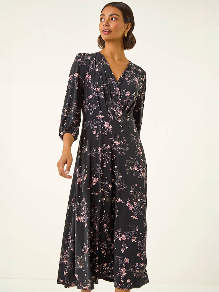 Roman Black Floral Print Stretch Midi Dress - Image 4 of 4
