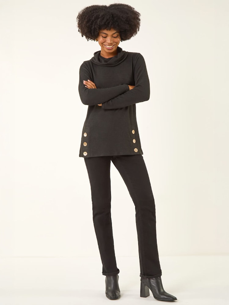 Roman Black High Neck Buttoned Top - Image 1 of 4 Roman Black High Neck Buttoned Top - Image 1 of 4