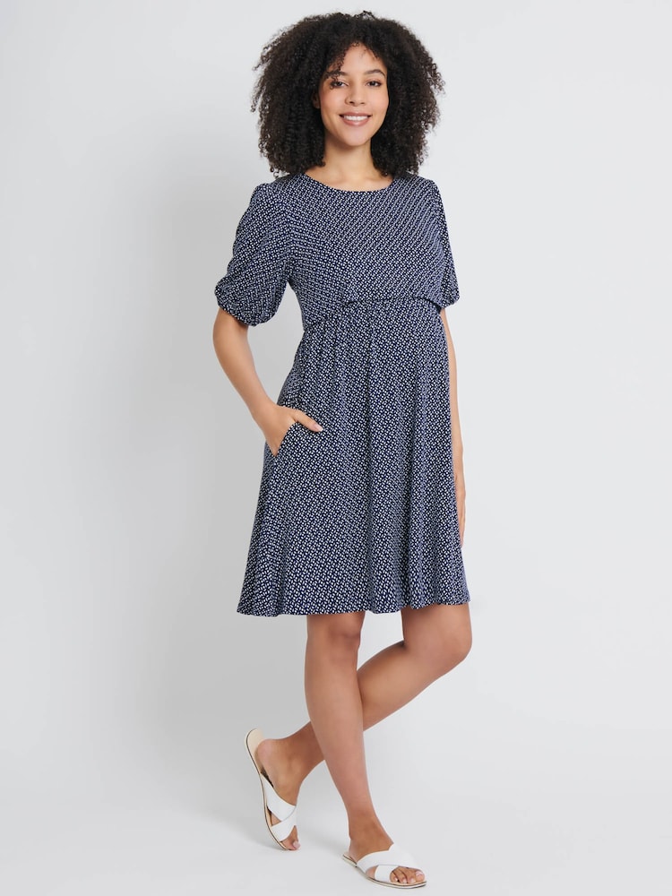 JoJo Maman Bébé Navy Batik Print Maternity & Nursing Dress - Image 1 of 4