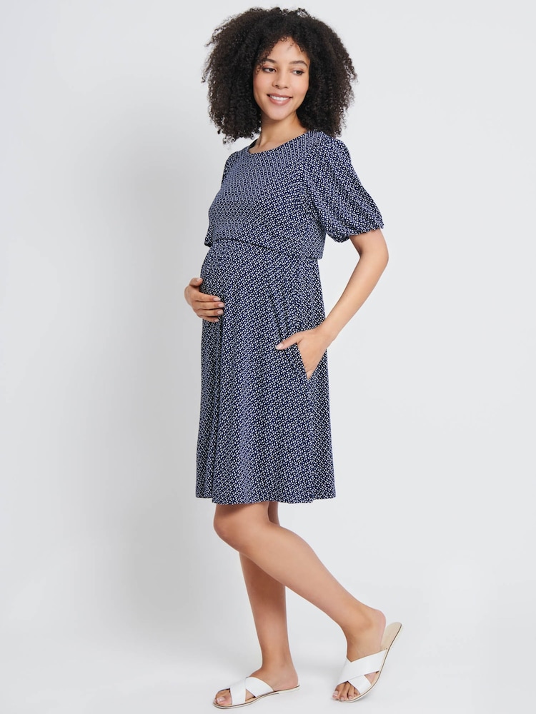 JoJo Maman Bébé Navy Batik Print Maternity & Nursing Dress - Image 2 of 4