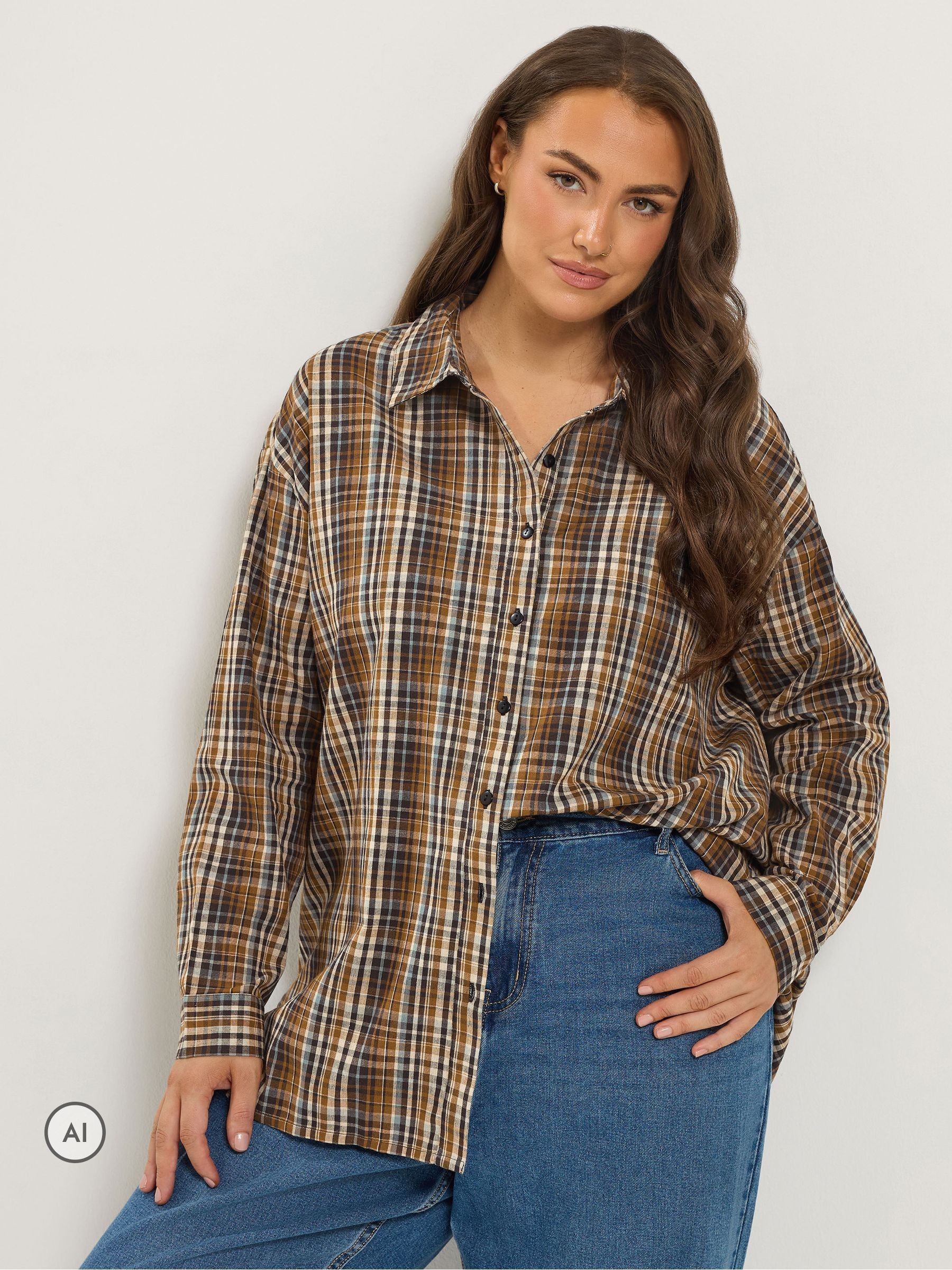 Yours Women's Brown Check Long Sleeve Shirt In | Size: 30/32 - Image 6