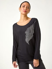 Roman Black Hotfix Feather Stretch Knit Top - Image 1 of 4