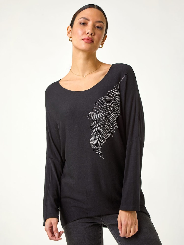 Roman Black Hotfix Feather Stretch Knit Top - Image 1 of 4 Roman Black Hotfix Feather Stretch Knit Top - Image 1 of 4