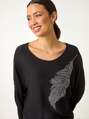 Roman Black Hotfix Feather Stretch Knit Top - Image 2 of 4