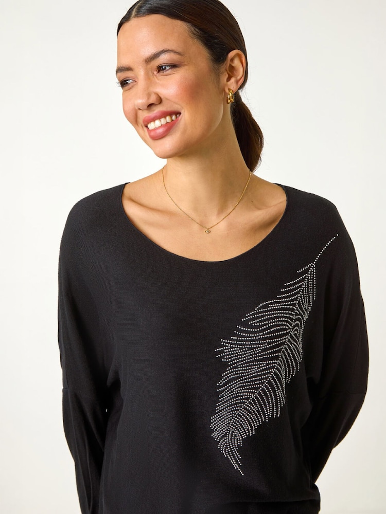 Roman Black Hotfix Feather Stretch Knit Top - Image 2 of 4 Roman Black Hotfix Feather Stretch Knit Top - Image 2 of 4