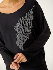 Roman Black Hotfix Feather Stretch Knit Top - Image 4 of 4