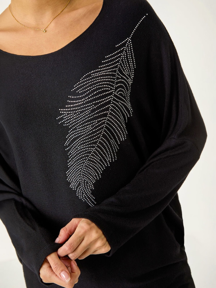 Roman Black Hotfix Feather Stretch Knit Top - Image 4 of 4 Roman Black Hotfix Feather Stretch Knit Top - Image 4 of 4