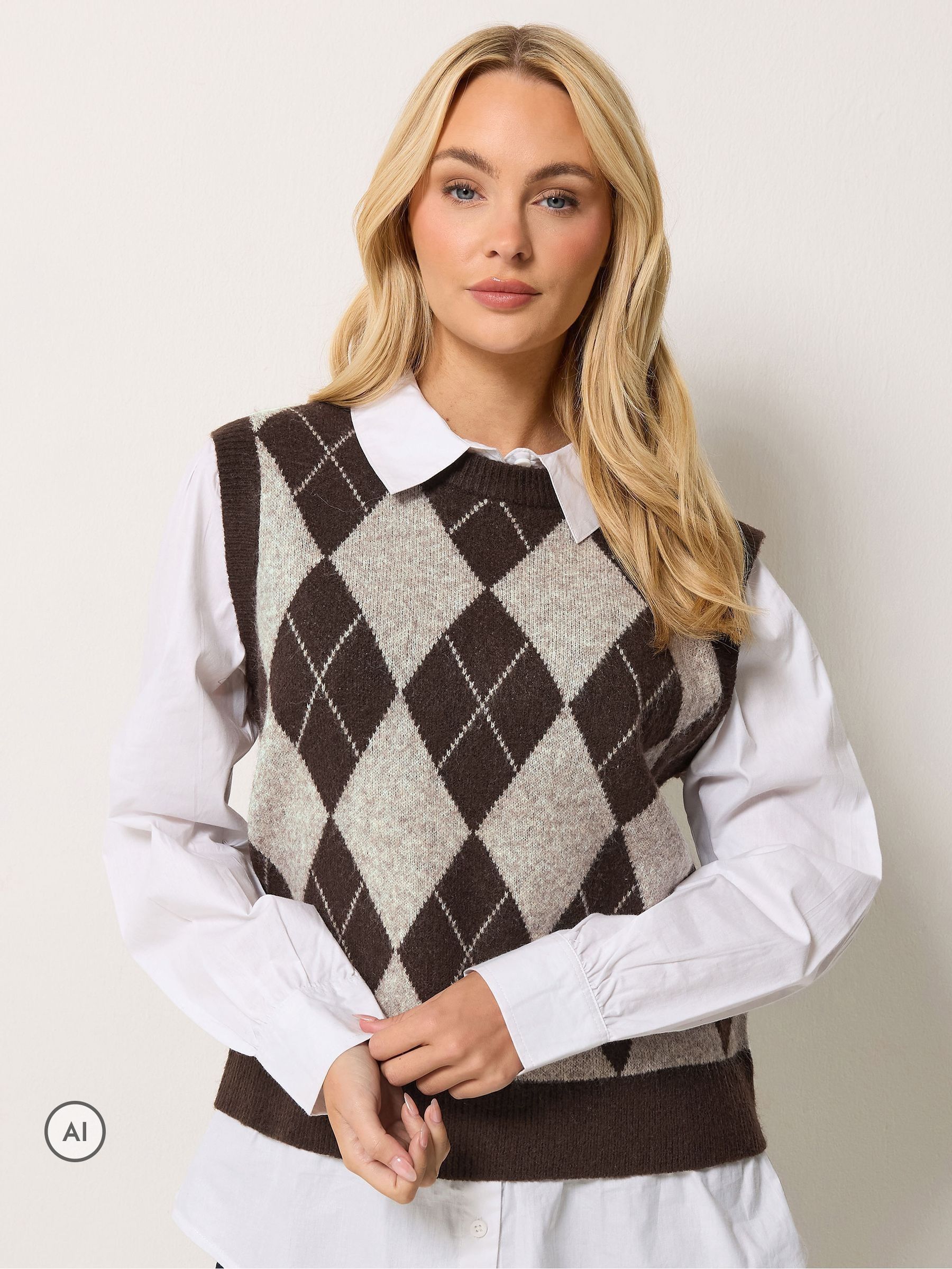 M & Co Women's Brown Argyle 2 In 1 Jumper