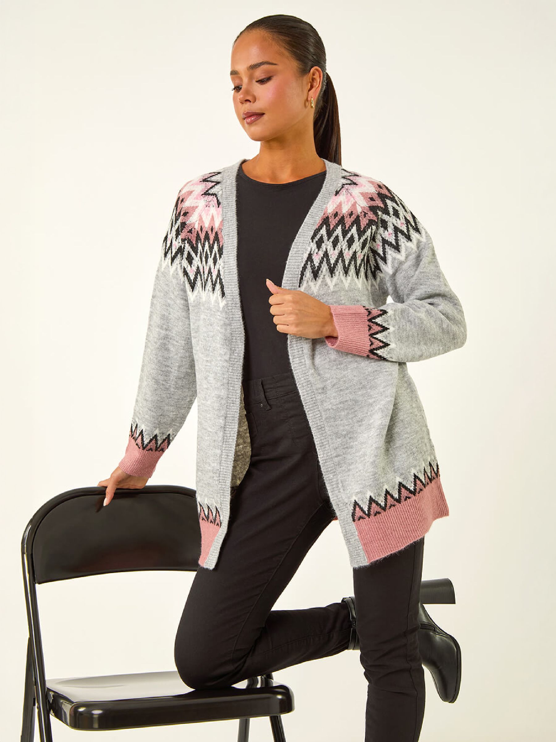 Roman Petite Women's Grey Fairisle Knit Cardigan Size 14 - Image 2