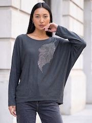 Roman Grey Hotfix Feather Stretch Knit Top - Image 1 of 4