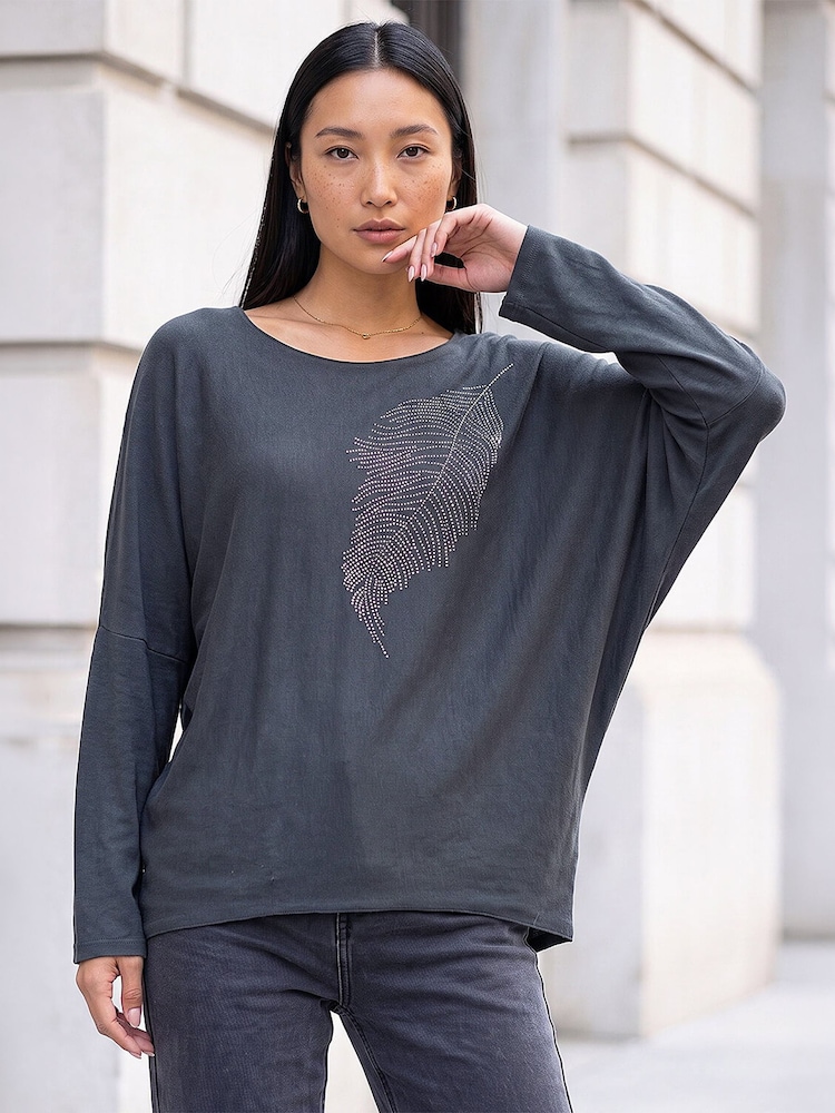 Roman Grey Hotfix Feather Stretch Knit Top - Image 1 of 4 Roman Grey Hotfix Feather Stretch Knit Top - Image 1 of 4