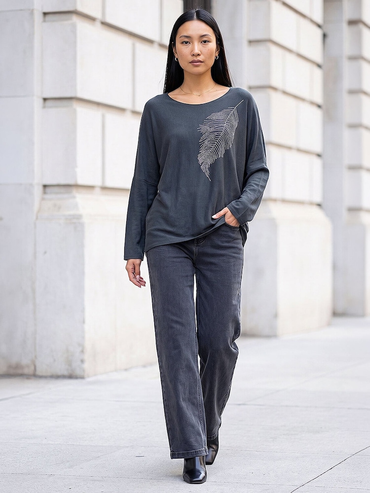 Roman Grey Hotfix Feather Stretch Knit Top - Image 2 of 4 Roman Grey Hotfix Feather Stretch Knit Top - Image 2 of 4