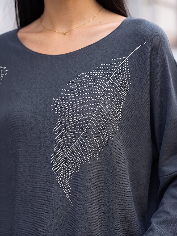 Roman Grey Hotfix Feather Stretch Knit Top - Image 4 of 4 Roman Grey Hotfix Feather Stretch Knit Top - Image 4 of 4