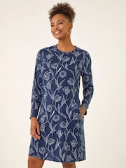 Roman Blue Floral Print Side Button Stretch Dress - Image 1 of 4