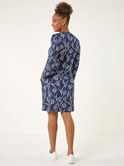 Roman Blue Floral Print Side Button Stretch Dress - Image 2 of 4