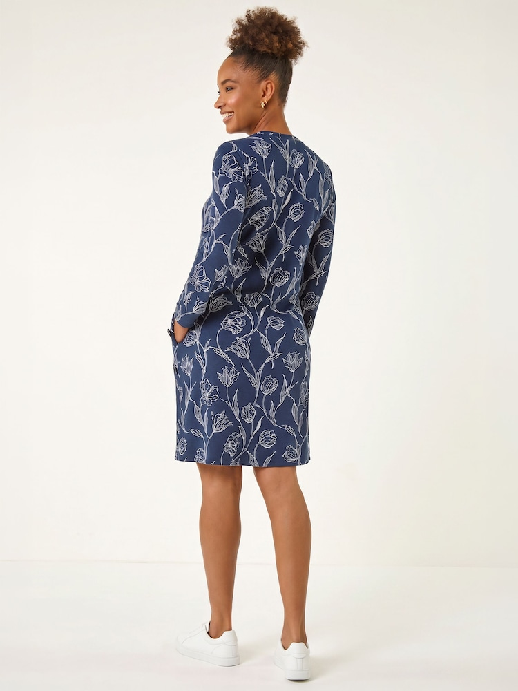 Roman Blue Floral Print Side Button Stretch Dress - Image 2 of 4 Roman Blue Floral Print Side Button Stretch Dress - Image 2 of 4