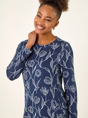 Roman Blue Floral Print Side Button Stretch Dress - Image 4 of 4