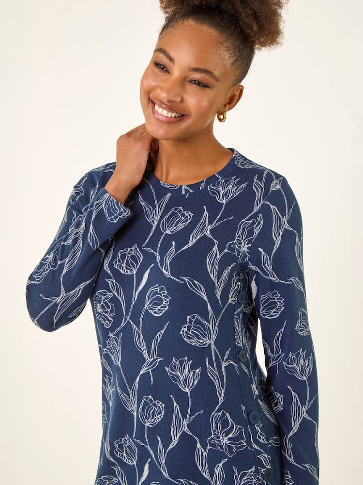 Roman Blue Floral Print Side Button Stretch Dress - Image 4 of 4 Roman Blue Floral Print Side Button Stretch Dress - Image 4 of 4