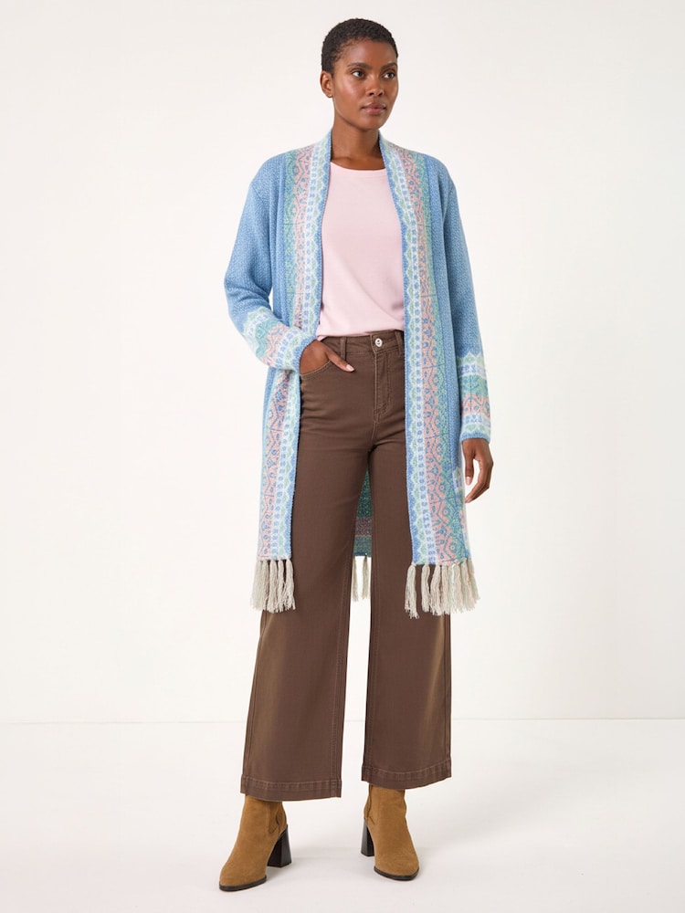 Roman Blue Patterened Fringe Cardigan - Image 1 of 4 Roman Blue Patterened Fringe Cardigan - Image 1 of 4