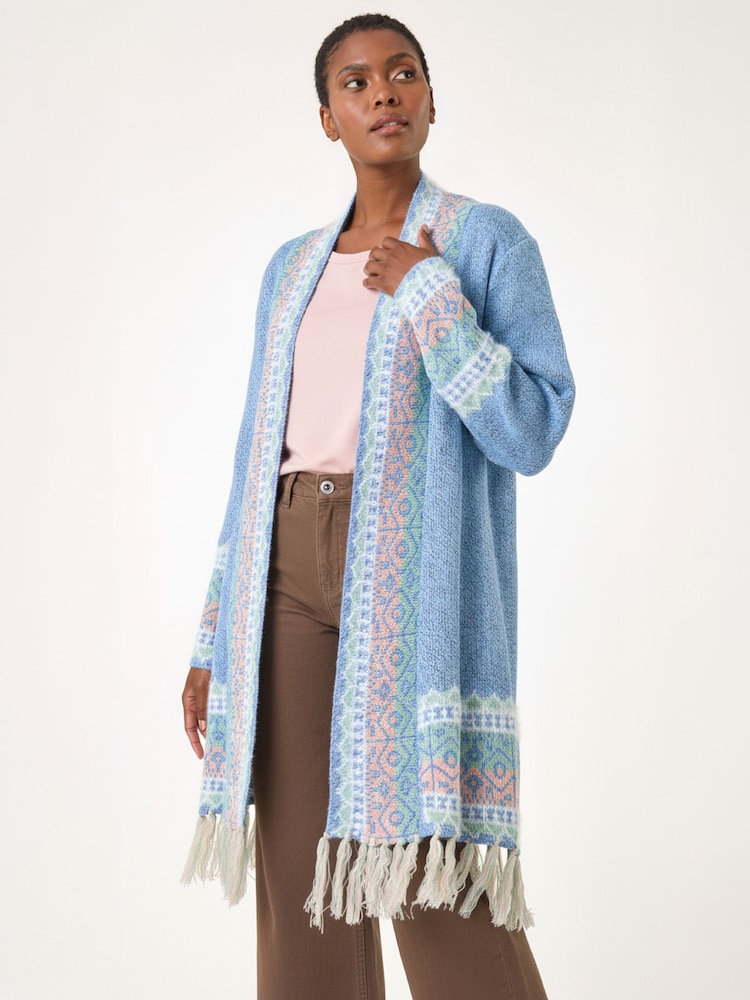 Roman Blue Patterened Fringe Cardigan - Image 4 of 4 Roman Blue Patterened Fringe Cardigan - Image 4 of 4