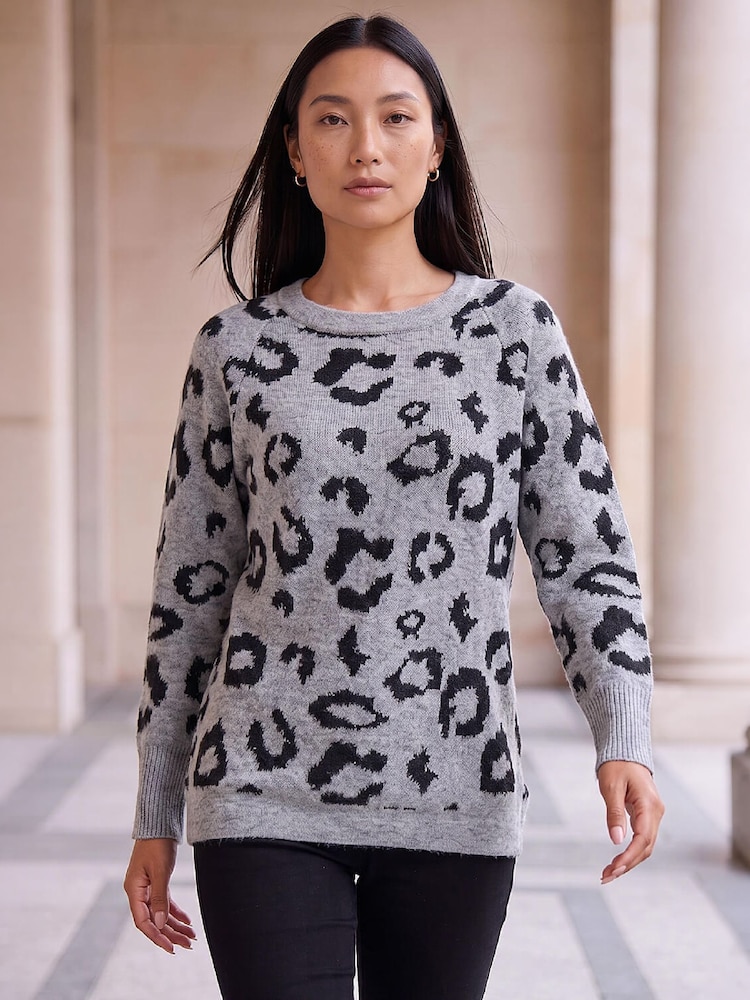 Roman Grey Jacquard Animal Print Jumper - Image 1 of 4 Roman Grey Jacquard Animal Print Jumper - Image 1 of 4