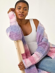 Roman Pink Fluffy Stripe Longline Cardigan - Image 1 of 4