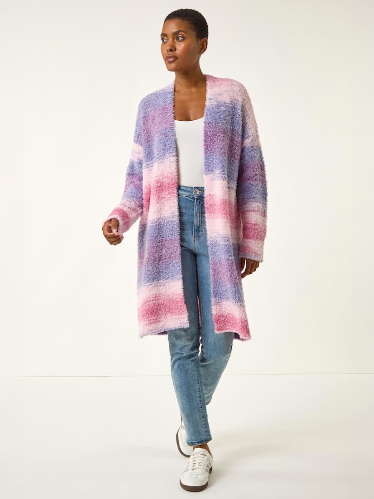 Roman Pink Fluffy Stripe Longline Cardigan - Image 2 of 4 Roman Pink Fluffy Stripe Longline Cardigan - Image 2 of 4