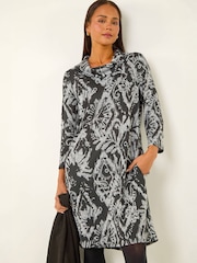 Roman Black Petite Brushed Roll Neck Knit Dress - Image 1 of 4