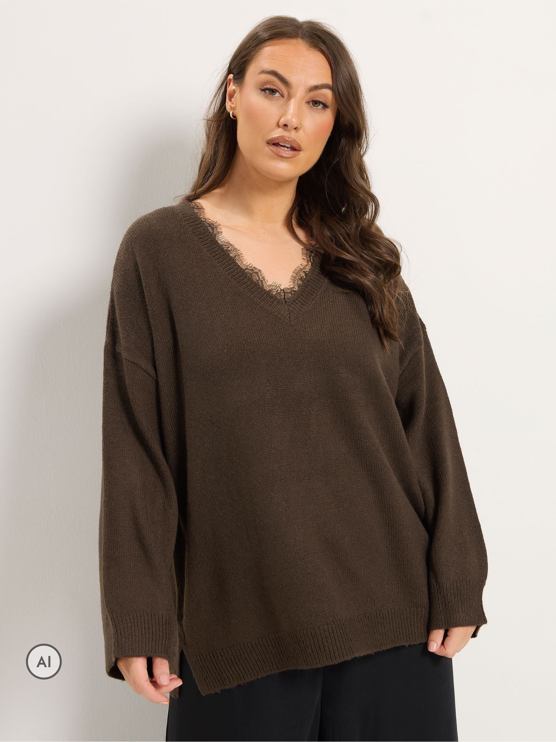 Yours Women's Brown Curve Lace V-Neck Knitted Jumper - Image 4
