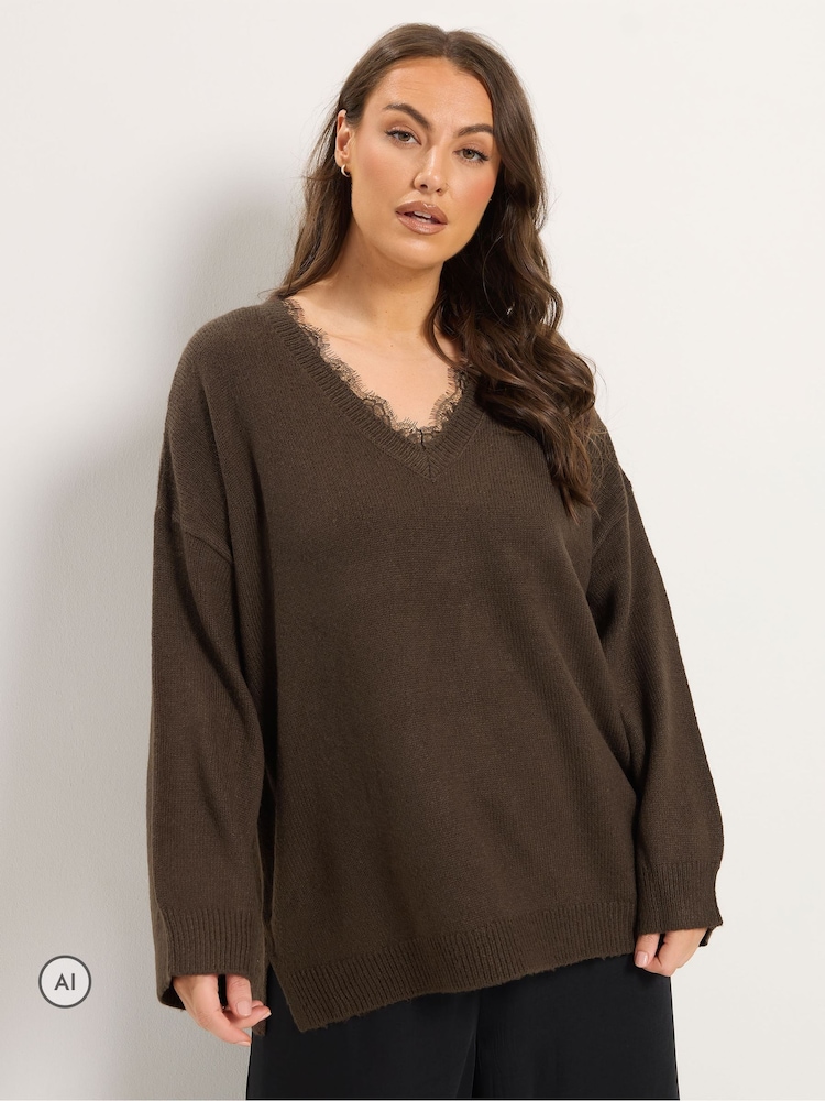Yours Curve Brown Lace V-Neck Jumper - Image 1 of 6