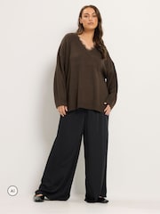 Yours Curve Brown Lace V-Neck Jumper - Image 2 of 6