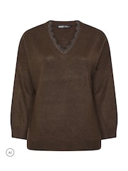 Yours Curve Brown Lace V-Neck Jumper - Image 5 of 6