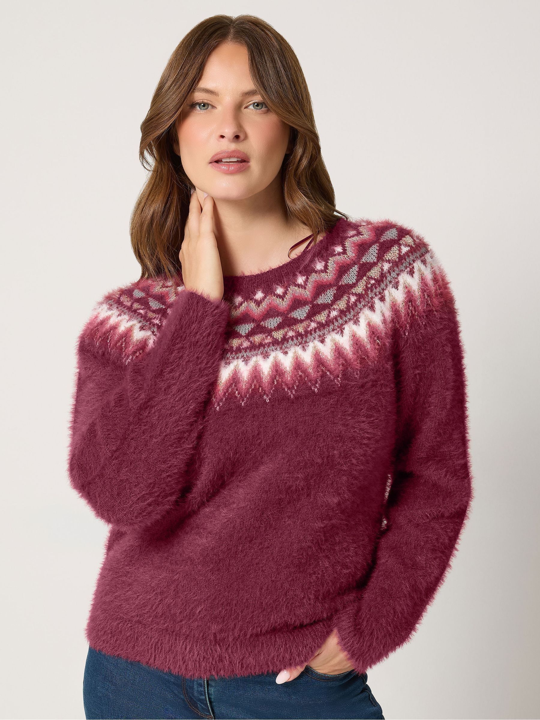 M&Co Women's Fluffy Fair Isle Jumper in Burgundy | Size: 10-12 - Image 1