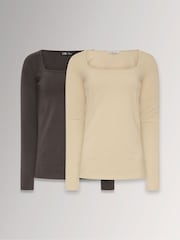 Long Tall Sally Brown/Beige Square Neck Tops 2 Pack - Image 1 of 7