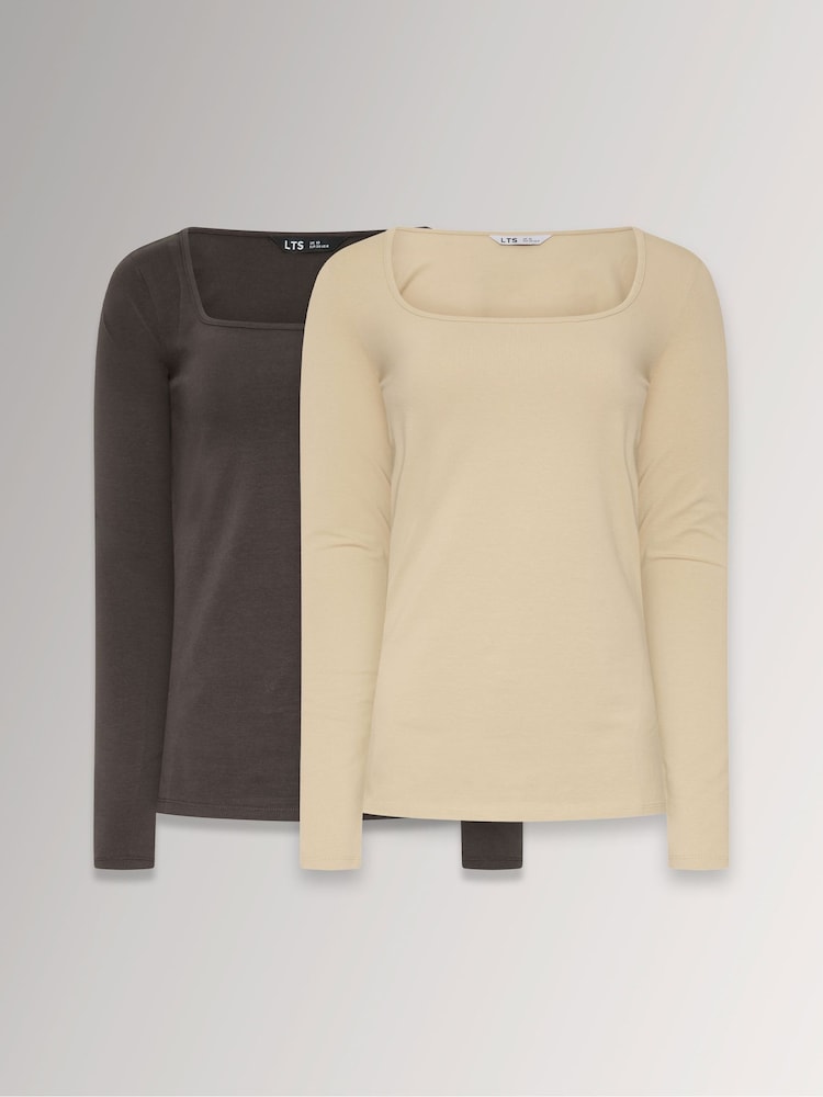 Long Tall Sally Brown/Beige Square Neck Tops 2 Pack - Image 1 of 7 Long Tall Sally Brown/Beige Square Neck Tops 2 Pack - Image 1 of 7