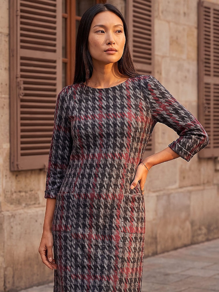 Roman Red Houndstooth Pocket Shift Stretch Dress - Image 2 of 4 Roman Red Houndstooth Pocket Shift Stretch Dress - Image 2 of 4