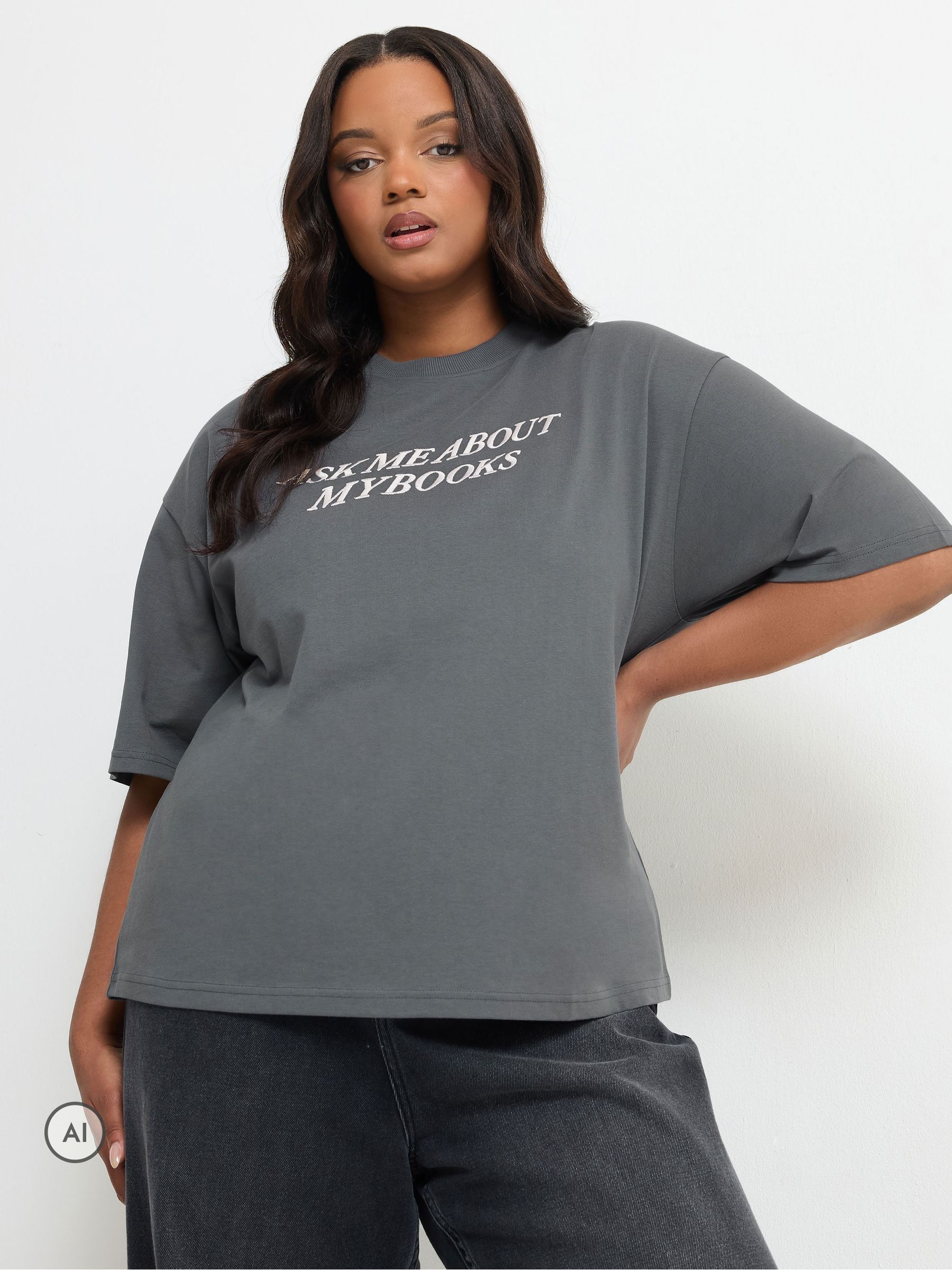 Yours Women's Grey Embroidered Books Slogan T-Shirt In | : 26/28 - Image 2