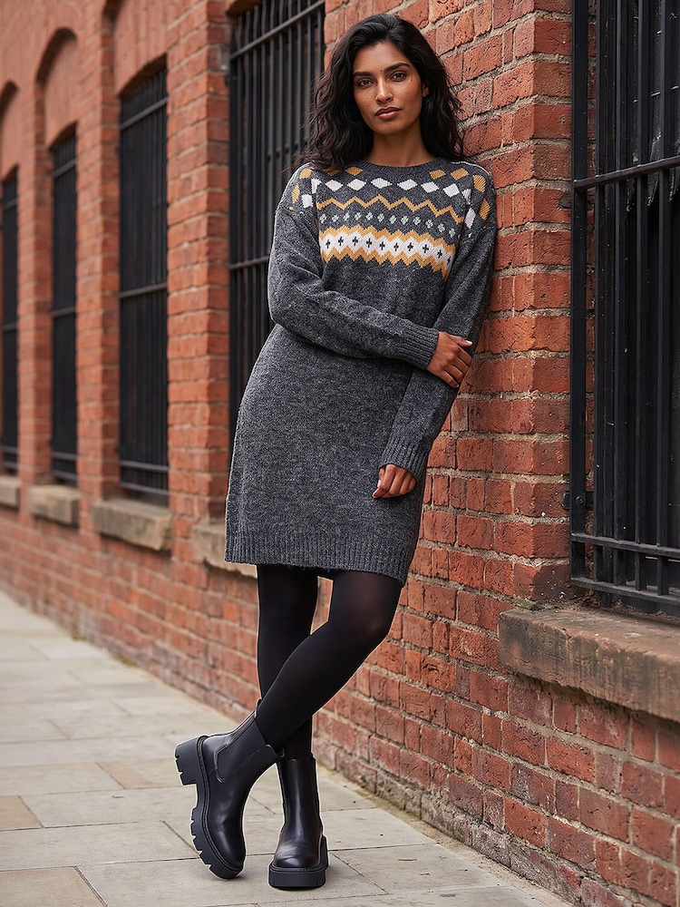 Buy Roman Grey Nordic Print Knitted Jumper Dress from Next USA