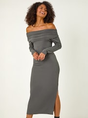 Roman Grey Off The Shoulder Stretch Bardot Midi Dress - Image 2 of 4